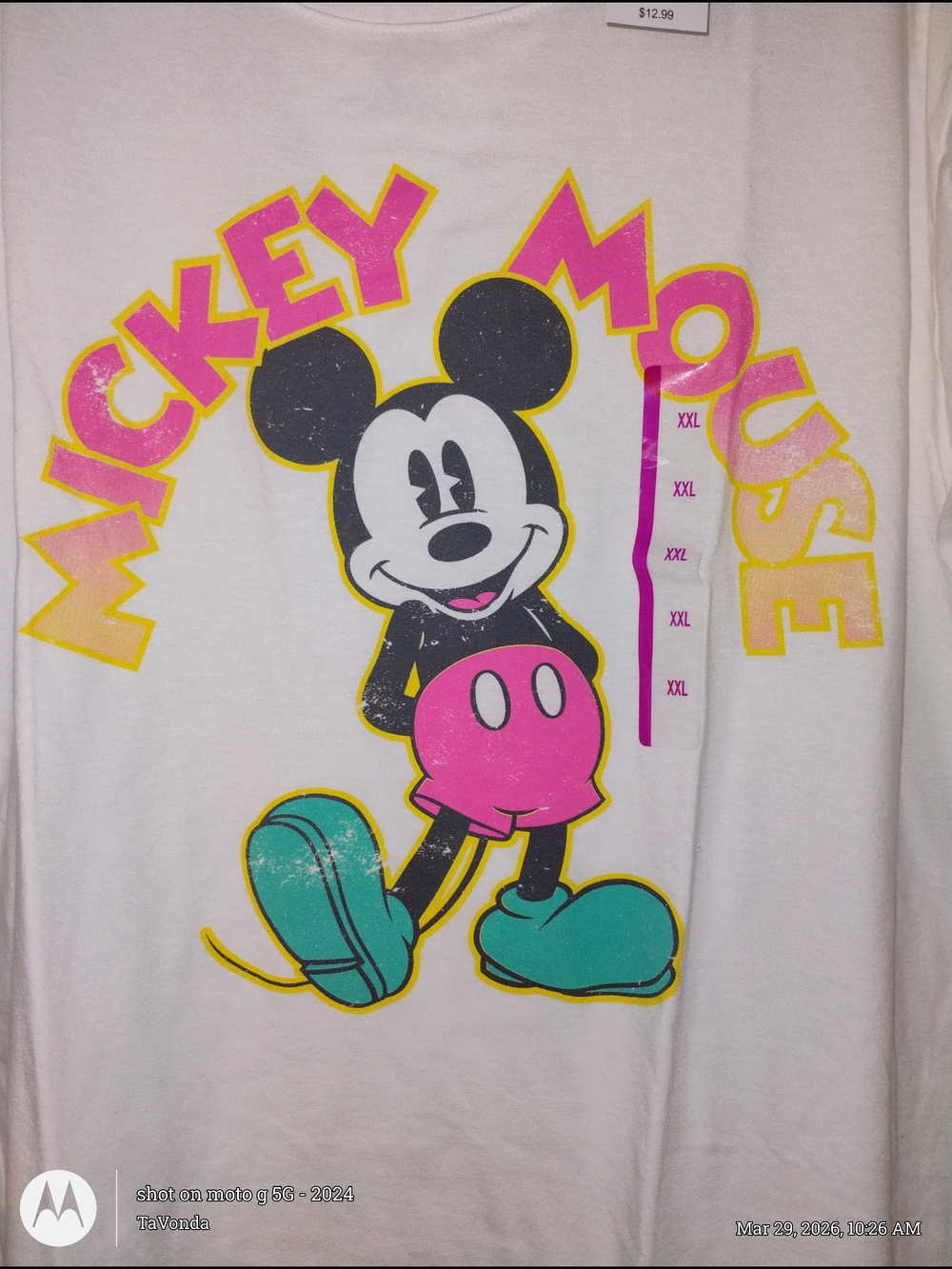 Disney White Tee with Pink, Teal & Yellow Mickey Mouse Graphic PTP 24" LENGTH 26